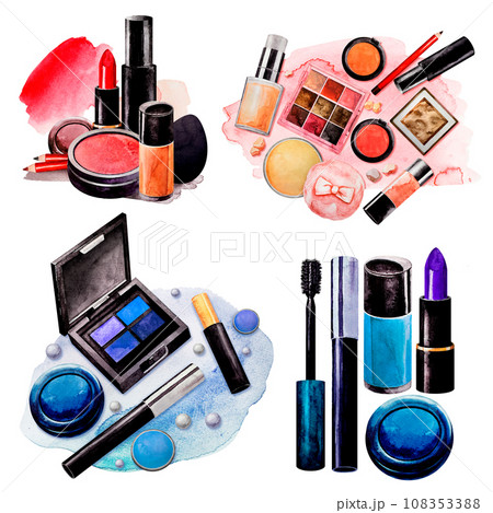 Set of decorative cosmetics on a white background depicted on a watercolor spot. Powder, mascara, lipstick, eyeliner, blush, oval sponge, blender, eyeshadow, nail polish, toner. Isolated pictures. 108353388