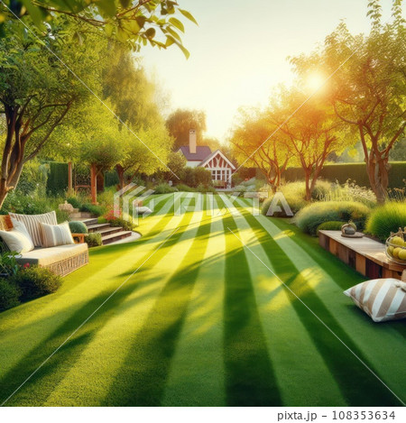 Perfectly striped freshly mowed garden lawn in summer Perfectly striped freshly mowed garden lawn in summer 108353634