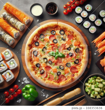 Pizza and sushi rolls tempura and bake rolls on the background of ingredients .Pizza, sushi food photo for menu. Combo set of rolls and pizza. 108353636