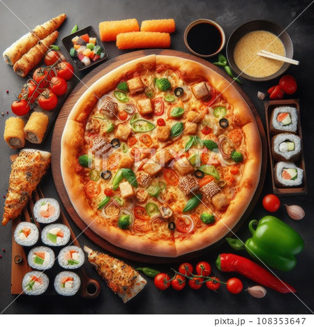Pizza and sushi rolls tempura and bake rolls on the background of ingredients .Pizza, sushi food photo for menu. Combo set of rolls and pizza. 108353647