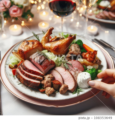 close up photo of plate with meat dish on some festive event, party or wedding reception. macro lens. 108353649