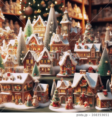 photo of Christmas decoration for sale on advent market. Decorative miniature city houses. hand made. new year tree figures 108353651