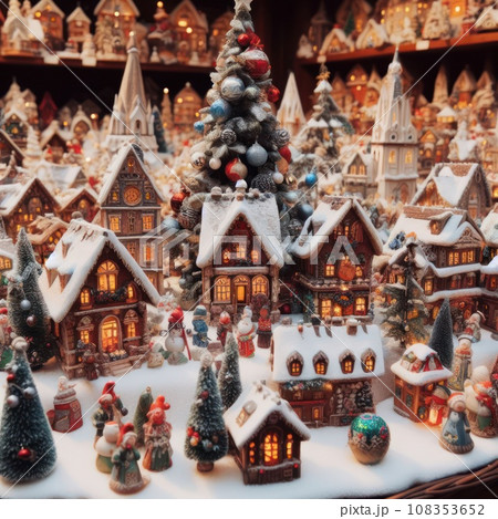 photo of Christmas decoration for sale on advent market. Decorative miniature city houses. hand made. new year tree figures 108353652