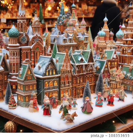 photo of Christmas decoration for sale on advent market. Decorative miniature city houses. hand made. new year tree figures 108353655