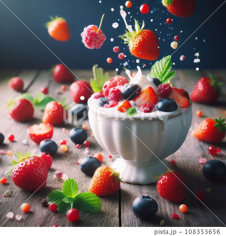 From side delicious homemade yogurt with strawberries, berries and cereals 108353656