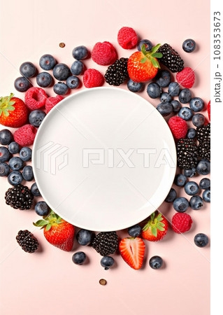 Empty plate with fresh berries on bright background, top view, copy space. Empty plate with fresh berries on bright background, top view, copy space. 108353673
