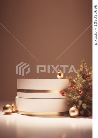 Empty round white podium and golden Christmas bauble for product presentation white background. Minimal Christmas mockup, copy space. 108353696