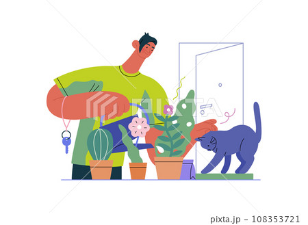 Mutual Support: Look after neighbor's house -modern flat vector concept illustration of man watering plants, looking after neighbors' cat A metaphor of voluntary, collaborative exchanges of services Mutual Support: Look after neighbor's house -modern flat vector concept illustration of man watering plants, looking after neighbors' cat A metaphor of voluntary, collaborative exchanges of services 108353721