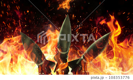 Rockets weapons with fire on a black background, concept. War and death. World War 3. Nuclear War and Bombs 108353776
