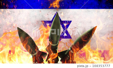 Shock missiles weapons and air defense on a background of Israel flag with fire and sparks, concept. War in Israel. Hamas terror attacks 108353777