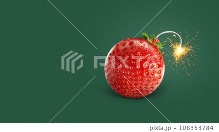 Delicious creative juicy strawberry bomb with wick and sparks burns on a green background, concept. Vitamins and summer time, creative idea. Delicious creative juicy strawberry bomb with wick and sparks burns on a green background, concept. Vitamins and summer time, creative idea. 108353784