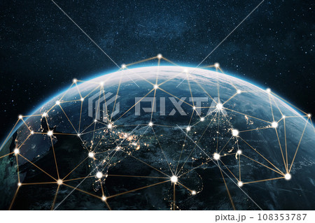 Beautiful blue planet earth with yellow light lines of communication, creative idea. Transfer and data transmission, concept. Journey. Technology and Communication net, concept Beautiful blue planet earth with yellow light lines of communication, creative idea. Transfer and data transmission, concept. Journey. Technology and Communication net, concept 108353787