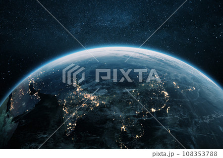 Beautiful planet Earth with night lights of Asian cities views from space. Amazing night planet Earth in view of India, China, Korea and Japan. Development, economics and technology, concept 108353788