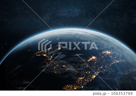 Beautiful blue planet Earth with night lights of Italian cities in starry space. Technology and science, concept. 108353789