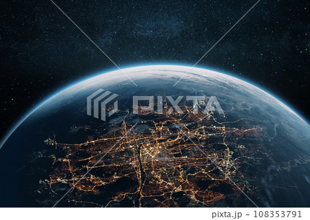 Beautiful night city of Prague, Czech Republic from space. Amazing planet earth with night city lights of Prague Beautiful night city of Prague, Czech Republic from space. Amazing planet earth with night city lights of Prague 108353791