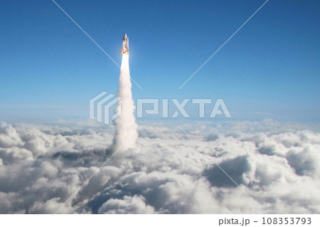 Space shuttle rocket lift off through the clouds into sky. Spaceship launch above the clouds. Space mission, transport and science. Rocket fly, creative idea Space shuttle rocket lift off through the clouds into sky. Spaceship launch above the clouds. Space mission, transport and science. Rocket fly, creative idea 108353793