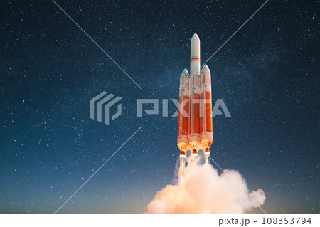 New space rocket with blast and smoke takes off into the starry sky. Technology, transport and science, creative idea. Start-up, concept. Spacecraft launch into space New space rocket with blast and smoke takes off into the starry sky. Technology, transport and science, creative idea. Start-up, concept. Spacecraft launch into space 108353794