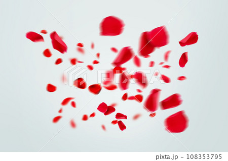 Flying red rose petals on a grey background, creative idea. Love Valentine's Day, free space for design and text 108353795