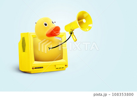 Creative yellow duck crawls out of a vintage TV and screams into a yellow loudspeaker on a blue background, a concept. Mass media and propaganda, creative idea. Yellow press and advertising 108353800