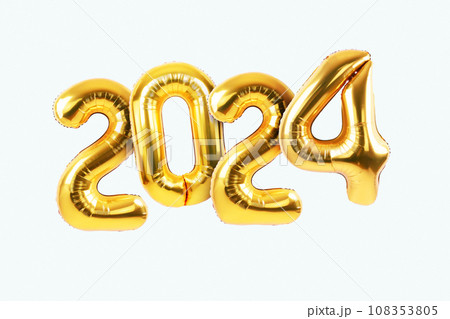 Happy new year 2024 metallic gold foil balloons on a white background. Golden helium balloons number 2024 New Year. Happy new year 2024 metallic gold foil balloons on a white background. Golden helium balloons number 2024 New Year. 108353805