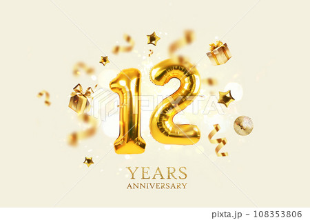Gold festive balloons 12 year anniversary with golden confetti, presents, mirror ball and stars fly on a beige background with bokeh lights and sparks. Birthday luxury twelve card, a creative idea Gold festive balloons 12 year anniversary with golden confetti, presents, mirror ball and stars fly on a beige background with bokeh lights and sparks. Birthday luxury twelve card, a creative idea 108353806