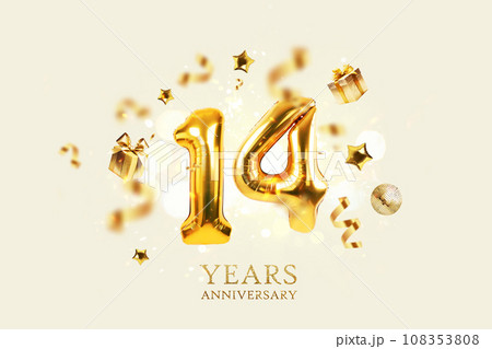 Gold festive balloons 14 years anniversary with golden confetti, presents, mirror ball and stars fly on a beige background with bokeh lights and sparks. Birthday luxury fourteen card, a creative idea Gold festive balloons 14 years anniversary with golden confetti, presents, mirror ball and stars fly on a beige background with bokeh lights and sparks. Birthday luxury fourteen card, a creative idea 108353808