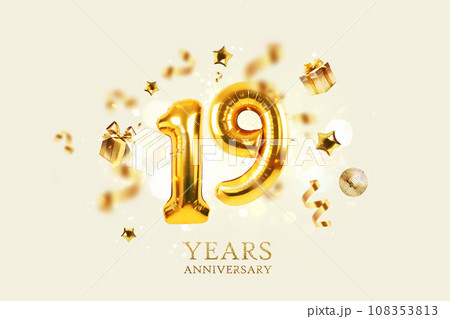 Gold festive balloons 19 years anniversary with golden confetti, presents, mirror ball and stars fly on a beige background with bokeh lights and sparks. Birthday luxury nineteen card, a creative idea 108353813
