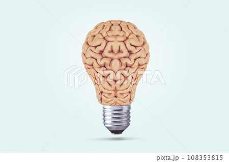Creative light bulb brain on a light blue background. Brainstorm. Think differently, concept. Creative thinking. Mind, creative idea 108353815