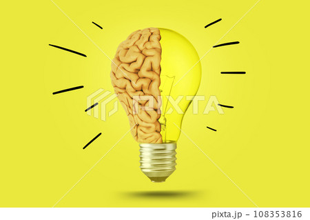 Creative brain light bulb shining on bright yellow color background, concept. Think differently, creative idea. Brainstorm Creative brain light bulb shining on bright yellow color background, concept. Think differently, creative idea. Brainstorm 108353816