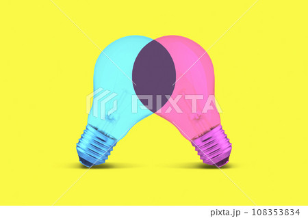 Blue and pink creative light bulb combine into purple color on yellow background, creative idea. Teamwork, concept. Think differently. Connection of minds and successful results Blue and pink creative light bulb combine into purple color on yellow background, creative idea. Teamwork, concept. Think differently. Connection of minds and successful results 108353834
