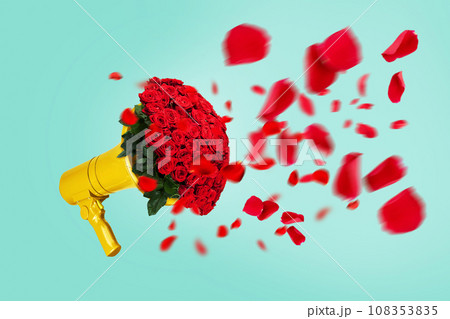 Creative yellow loudspeaker with a bouquet of red roses and flying petals on a pastel green background, concept. Creative idea of spring and women's day. Flora, flowers and beauty. St. Valentine's Day Creative yellow loudspeaker with a bouquet of red roses and flying petals on a pastel green background, concept. Creative idea of spring and women's day. Flora, flowers and beauty. St. Valentine's Day 108353835