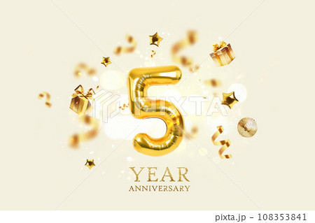 Gold festive balloons 5 year anniversary with golden confetti, presents, mirror ball and stars fly on a beige background with bokeh lights and sparks. Birthday luxury five card, a creative idea 108353841