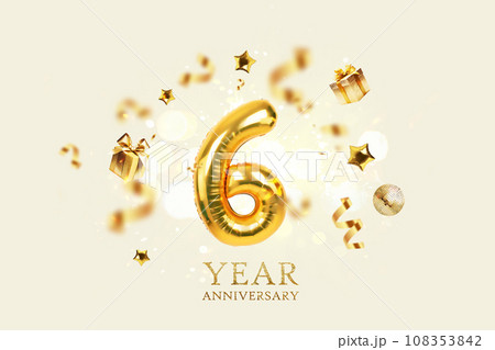 Gold festive balloons 6 year anniversary with golden confetti, presents, mirror ball and stars fly on a beige background with bokeh lights and sparks. Birthday luxury six card, a creative idea 108353842