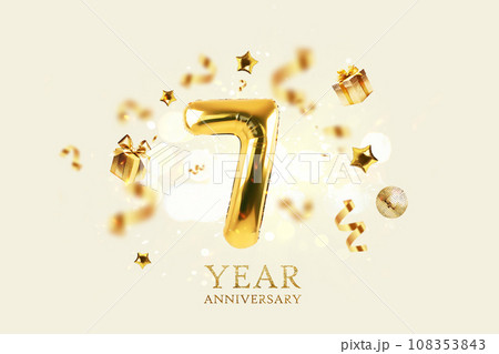 Gold festive balloons 7 year anniversary with golden confetti, presents, mirror ball and stars fly on a beige background with bokeh lights and sparks. Birthday luxury seven card, a creative idea Gold festive balloons 7 year anniversary with golden confetti, presents, mirror ball and stars fly on a beige background with bokeh lights and sparks. Birthday luxury seven card, a creative idea 108353843