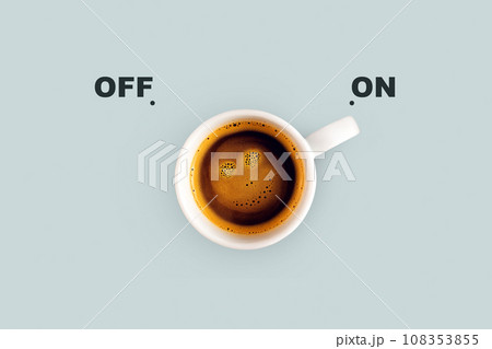 Delicious coffee with a smiley face on a blue background switch on. Energy switch, concept. Good morning, creative idea Delicious coffee with a smiley face on a blue background switch on. Energy switch, concept. Good morning, creative idea 108353855