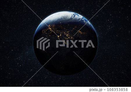 Beautiful blue planet earth with night city lights. Europe and Africa at night viewed from space with city lights showing human activity in Germany, Poland, Italy, Egypt, Spain and other countries. Beautiful blue planet earth with night city lights. Europe and Africa at night viewed from space with city lights showing human activity in Germany, Poland, Italy, Egypt, Spain and other countries. 108353858