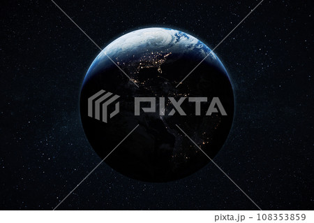 Amazing blue planet earth with night city lights. North and South America at night viewed from space with city lights showing human activity in USA, Mexico, Colombia, Argentina and other countries 108353859
