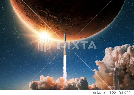 New modern rocket successfully takes off to the red planet Mars with the sunlight. Spaceship rocket launches into the starry sky with a planet, concept. Start of the Mars space mission New modern rocket successfully takes off to the red planet Mars with the sunlight. Spaceship rocket launches into the starry sky with a planet, concept. Start of the Mars space mission 108353874