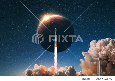 Space rocket with smoke and blast successfully takes off into the starry sky with the red planet Mars with sunlight. Launching a spacecraft into space. Start of Mars mission, concept Space rocket with smoke and blast successfully takes off into the starry sky with the red planet Mars with sunlight. Launching a spacecraft into space. Start of Mars mission, concept 108353875