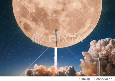Space rocket successfully launches into the starry sky with a full moon. Spaceship rocket takes off into space. Start up of a space mission, concept Space rocket successfully launches into the starry sky with a full moon. Spaceship rocket takes off into space. Start up of a space mission, concept 108353877