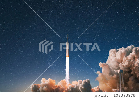 New modern rocket with smoke and blast successfully lift off into the starry sky. Spaceship launching into space, concept. Successful launch and space mission, creative idea. Space exploration 108353879