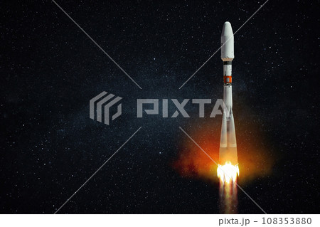 Spaceship rocket successfully takes off in the starry sky. Rocket launch space mission, creative idea 108353880
