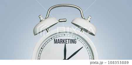 Marketing time, creative idea. Vintage white Clock and arrows point to marketing, concept. Successful business development. Time to marketing Marketing time, creative idea. Vintage white Clock and arrows point to marketing, concept. Successful business development. Time to marketing 108353889