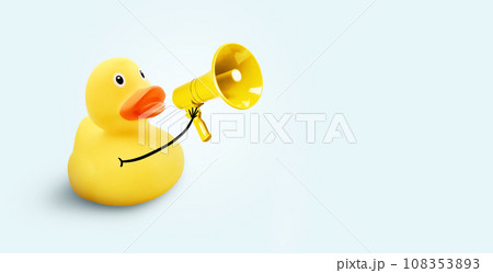 Creative funny yellow duck holding a loudspeaker on a blue background. Yellow press and news, concept. Marketing, creative idea. Driving traffic and attraction 108353893
