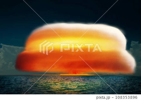 Powerful nuclear explosion in the ocean. Nuclear bomb explosion with radioactive mushroom cloud and fire. Hydrogen explosion in sea. Radiation and disaster. World nuclear war Powerful nuclear explosion in the ocean. Nuclear bomb explosion with radioactive mushroom cloud and fire. Hydrogen explosion in sea. Radiation and disaster. World nuclear war 108353896
