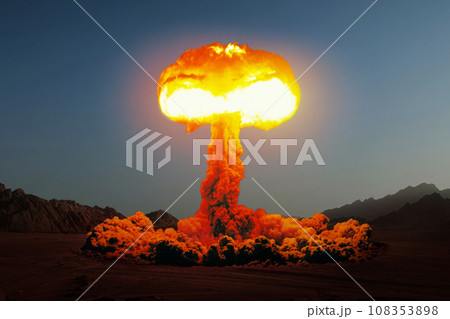 Terrible explosion of a nuclear bomb with a mushroom in the desert. Hydrogen bomb test. Nuclear catastrophe. Nuclear mushroom. World War III Terrible explosion of a nuclear bomb with a mushroom in the desert. Hydrogen bomb test. Nuclear catastrophe. Nuclear mushroom. World War III 108353898
