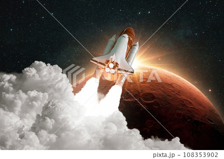 Rocket lift off. Spacecraft takes off into space. Rocket flies to Mars. Red planet Mars in space. Shuttle spaceship launch 108353902