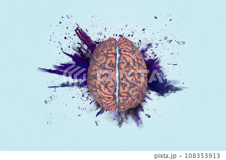 Creative brain explosion with splatter on blue light background. Brainstorming, concept. Think different, creative idea. Brain and explosion with paint splashes Creative brain explosion with splatter on blue light background. Brainstorming, concept. Think different, creative idea. Brain and explosion with paint splashes 108353913