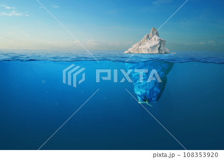 Iceberg - plastic bag with a view under the water. Pollution of the oceans. Plastic bag environment pollution with iceberg. The tip of the iceberg and a plastic bag full of trash 108353920