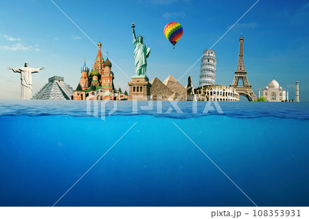 Summer holidays and travel, creative idea. Landmarks Statue of Liberty, Elf Tower, Moscow, Rome Colosseum, Church and Pyramids of Cheops with flying balloon with underwater view 108353931